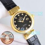 Swiss Replica Omega 34mm De Ville Ladymatic Yellow Gold Case Black Face Watch 